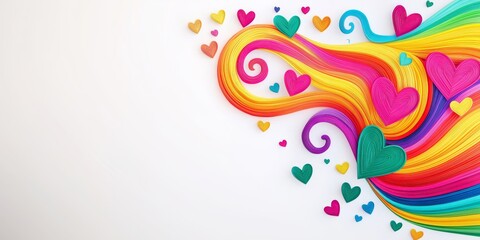 Vibrant illustration of swirling rainbow patterns and hearts in a bright minimalist studio setting