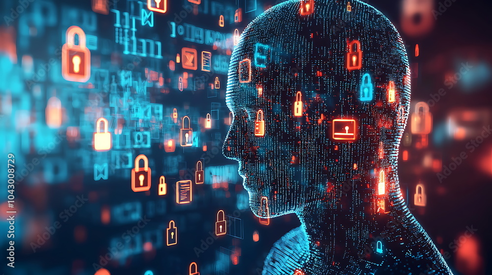 Aufkleber Exploring the intersection of digital security and artificial intelligence through a futuristic silhouette design representing data protection concepts