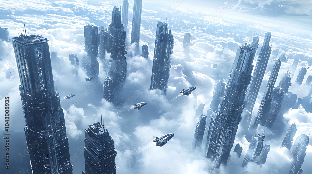 Poster exploring a futuristic cityscape skyscrapers soaring above the clouds with flying vehicles in a dazz