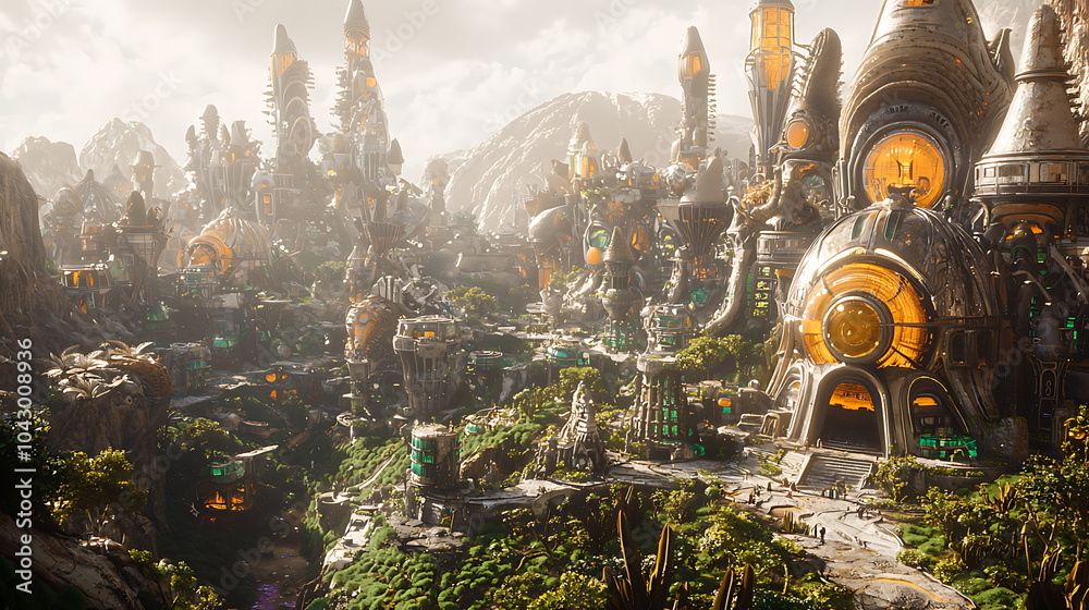 Poster a vision of tomorrow exploring a futuristic cityscape where towering structures harmonize with lush 