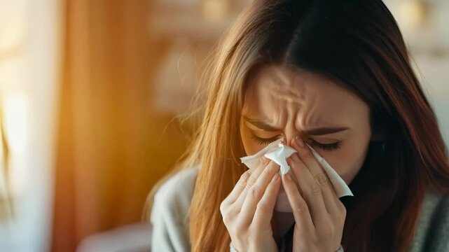 Young Woman Sneezing with Tissue &ndash; Flu, Allergy, or Cold Symptoms Concept