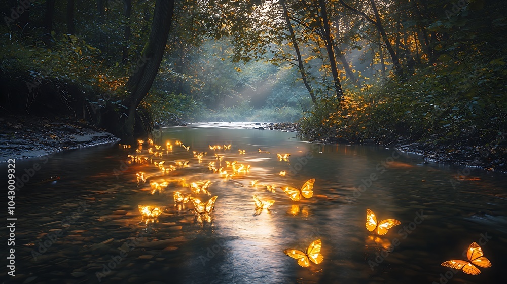 Poster a serene river embellished with glowing butterflies capturing the harmony of nature and tranquility 