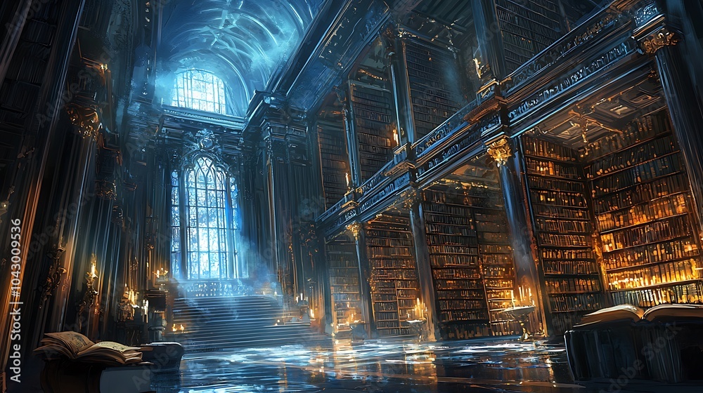 Poster A mysterious grand library with empty bookshelves and ethereal light filtering through tall windows