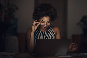 Surprise, night and businesswoman with laptop in home for positive feedback with client on remote...