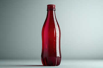 A Red Glass Bottle with Water Droplets on a Grey Background