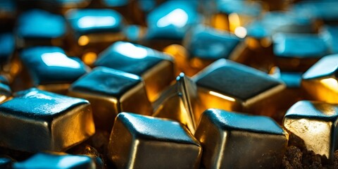 Obraz premium A pile of gold cubes with a shiny, metallic sheen