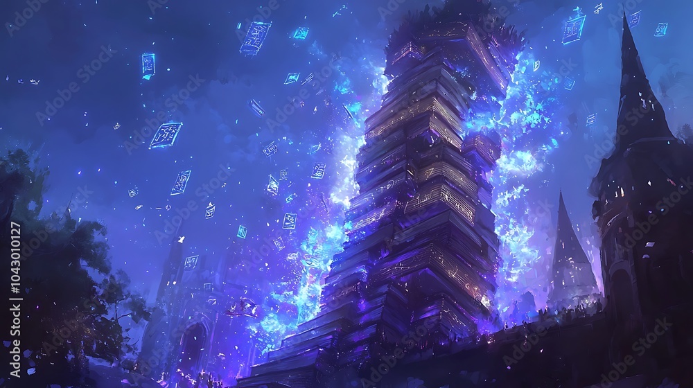 Poster a mystical journey through an enchanted book tower surrounded by glowing glyphs in a magical realm