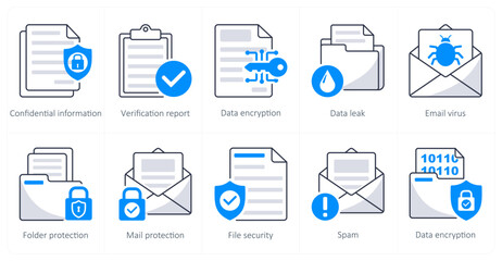 A set of 10 security icons as confidential information, verification report, data encryption