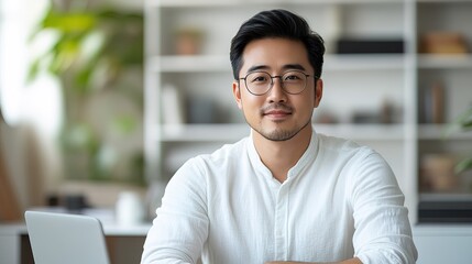 Obraz premium Asian man sitting in white office with laptop blurred copy space 