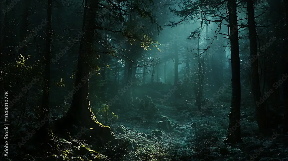 Poster enigmatic forest a journey through a foggy wonderland of soft light and shadows