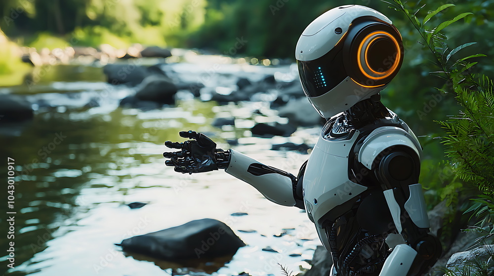 Aufkleber futuristic robot interacting with nature by a serene river in a lush green landscape a glimpse into 