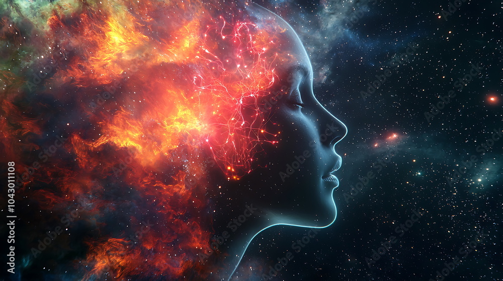 Poster exploring the cosmic connection the silhouette of a woman merging with the universe through celestia