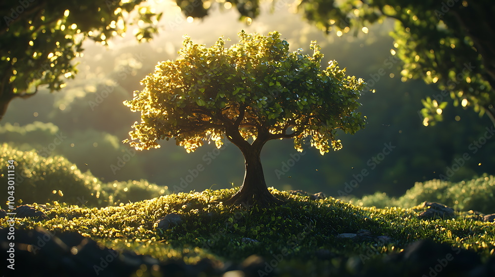 Poster a serene solitary tree illuminated by soft light surrounded by lush greenery in a tranquil natural l
