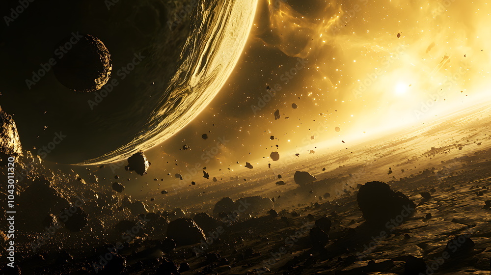 Poster Exploring the mysteries of a golden cosmic landscape a journey through planets asteroids and celestial wonders