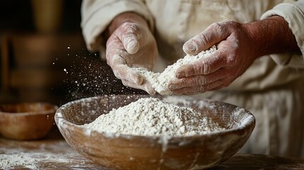 Fototapeta premium White Man Adding and Preparing Flour for Kneading 