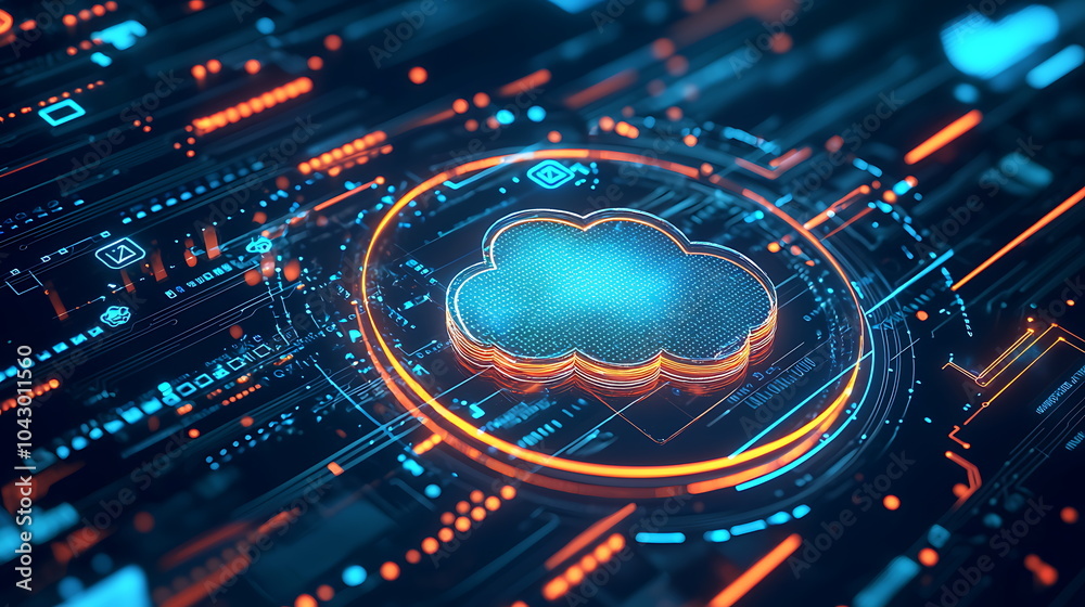 Poster exploring the future of cloud technology digital connections illustrated on a vibrant blue backgroun
