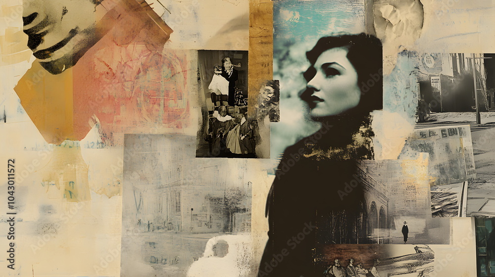 Poster A captivating collage of artistic portraits and historical images blending time and emotion in a visual narrative
