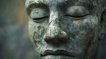 Closeup of a serene stone sculpture face evoking tranquility and timelessness in artistry and nature