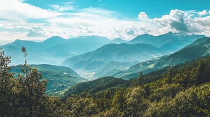 Serene mountain landscape with lush greenery and distant peaks.