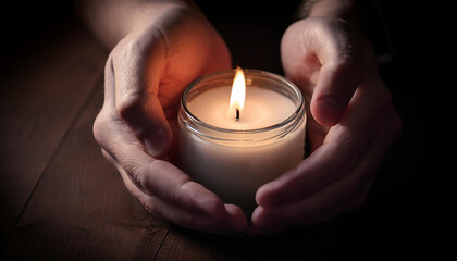 hands holding a burning candle in the darknes. Selective focus, dark background. light in the dark.