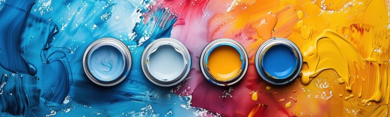 Several paint cans are lined up against a colorful background, banner, copy space