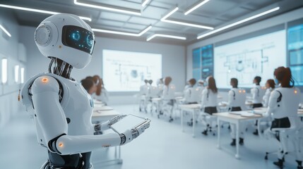 Automated robotic teachers educating students in a virtual classroom, Modern industrial style, photo of