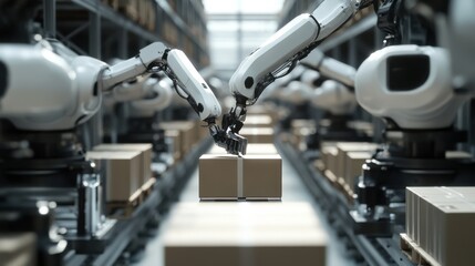 Automated warehouse with robotic arms, Modern industrial style, photo of