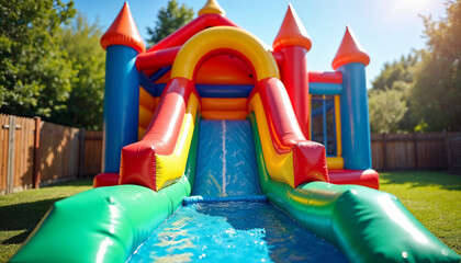 A vibrant inflatable bounce house water slide in a spacious backyard, creating a fun playground for kids.

