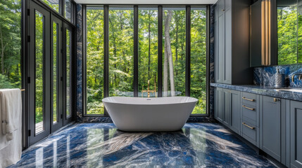 Fototapeta premium Modern bathroom design with a freestanding tub and large windows overlooking a serene forested landscape