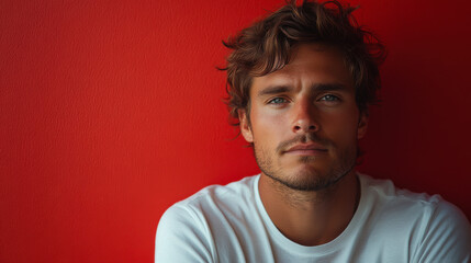 Fototapeta premium Young man with a beard poses against a vibrant red wall in a casual white t-shirt during daylight in an urban setting