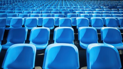 Fototapeta premium Stadium Seat. Blue Empty Plastic Chairs in Empty Bleachers at the Audience Arena