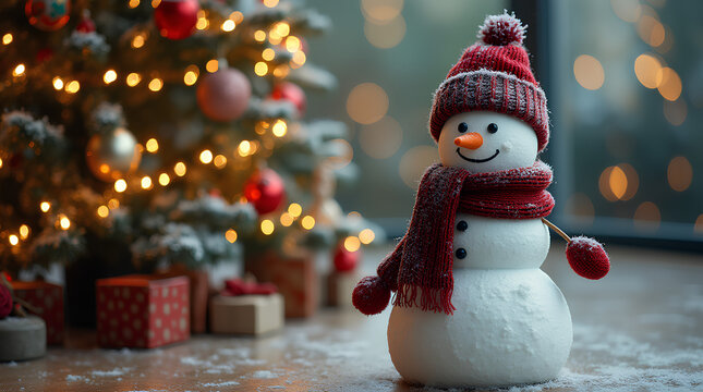 A snowman with a hat, scarf and gloves stands against the background of a decorated New Year's tree with gifts. Christmas decorations.