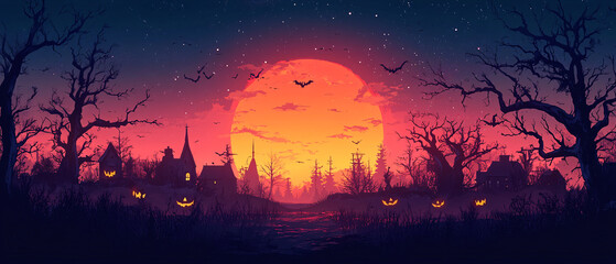 A spooky Halloween scene with glowing jack-o'-lanterns under a large orange moon, barren trees, bats flying, and silhouetted houses. The sky sparkles with stars