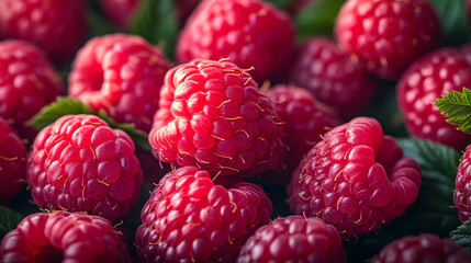 A vibrant assortment of raspberries fills the frame, showcasing their intricate textures and bright red hues. Green leaves peek through the delicious berry arrangement