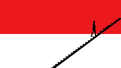 A Person Walking Up Stairs on an Indonesian Flag