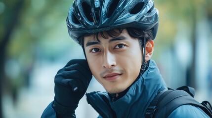 Asian man bicycler wearing sportswear puts on a bicycle safety helmet