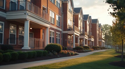 Fototapeta premium Suburban Apartment Building. Close-up View of New Brick Exterior in American Town