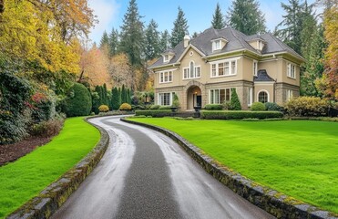 Fototapeta premium A beautiful home in the Pacific Northwest, with a large front yard and driveway.
