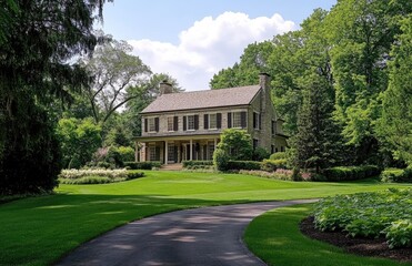 Fototapeta premium A beautiful home in the Pacific Northwest, with a large front yard and driveway.