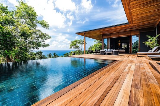 Swimming Pool Deck. Architecture-inspired Hardwood Ipe Pool Deck for Summer Pool Design