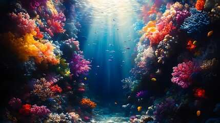 Obraz premium A vibrant underwater scene with colorful coral reefs and fish swimming through the crystal clear water.