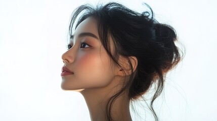 Fototapeta premium Asian woman, facial profile and beauty in studio, isolated white background
