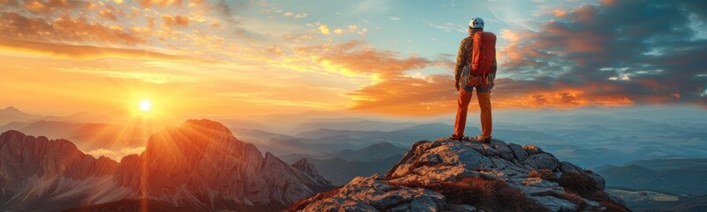 Naklejka premium Man standing on top of a mountain looking at the sunset, banner, copy space