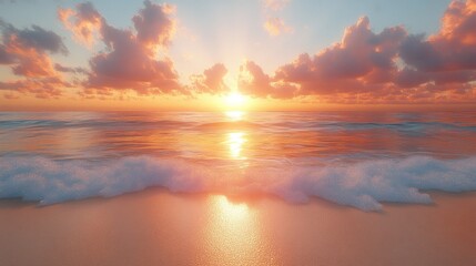 Obraz premium Serene beach sunset with gentle waves and colorful clouds.