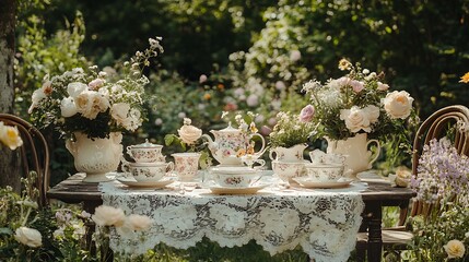 A classic vintage tea party setup with lace tablecloths, floral china, and delicate teacups, arranged on a rustic wooden table in a garden, surrounded by blooming flowers, soft afternoon sunlight,