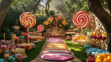 A colorful Candyland decor with giant lollipops, candy cane decorations, and a candy buffet filled with sweets, set up in an enchanting garden setting, whimsical lighting adding a magical glow,