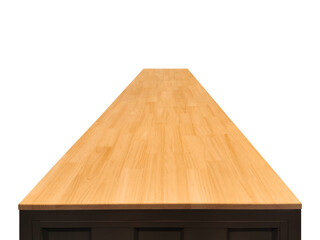 Front view of wooden table, isolated on white background.