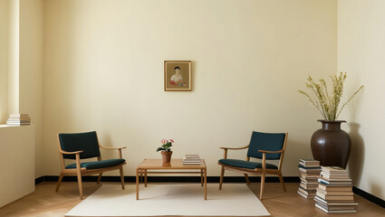 minimalist room concept with 2 chairs and one table