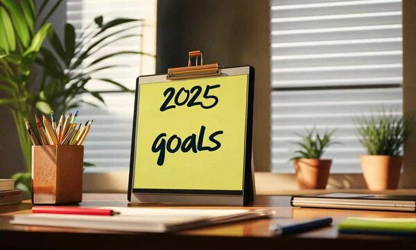 Post it with the words "2025 goals" written on it. New Year 2025. Resolutions