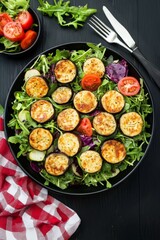  Ensalada de hojas verdes frescas con rodajas de berenjena asada y tomates, servida en un plato negro sobre un mantel de cuadros rojos.
